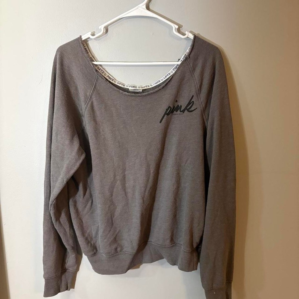 2000s Victoria's Secret PINK Gray Y2K Off the shoulder crewneck